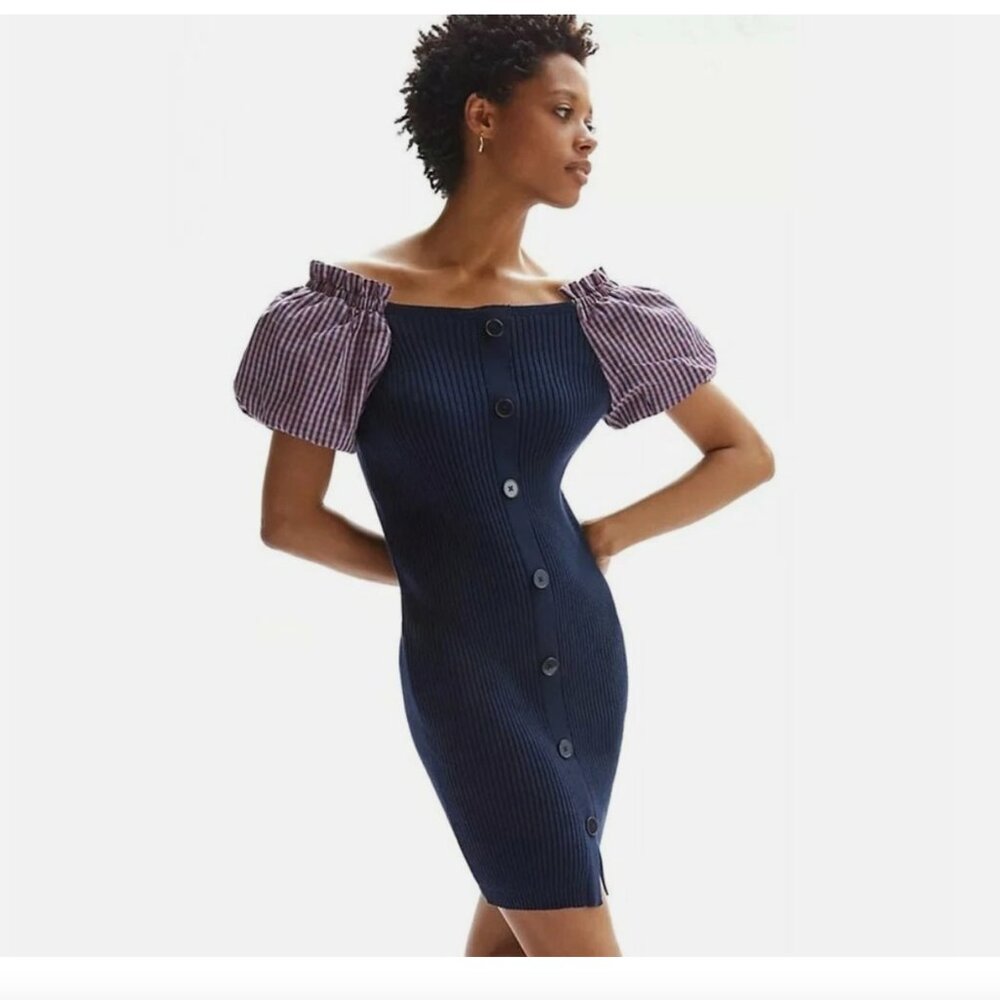 EUC Anthropologie Maeve Ribbed Knit Mini Dress Puff Sleeve Off Shoulder Women XS